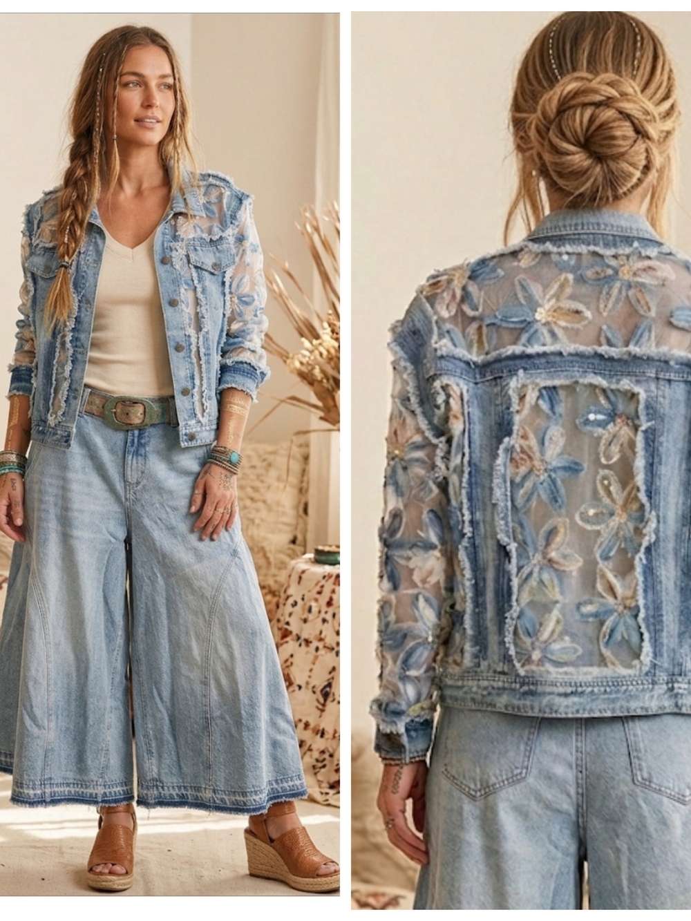 Light Blue Embroidered Denim Jeans - Women's